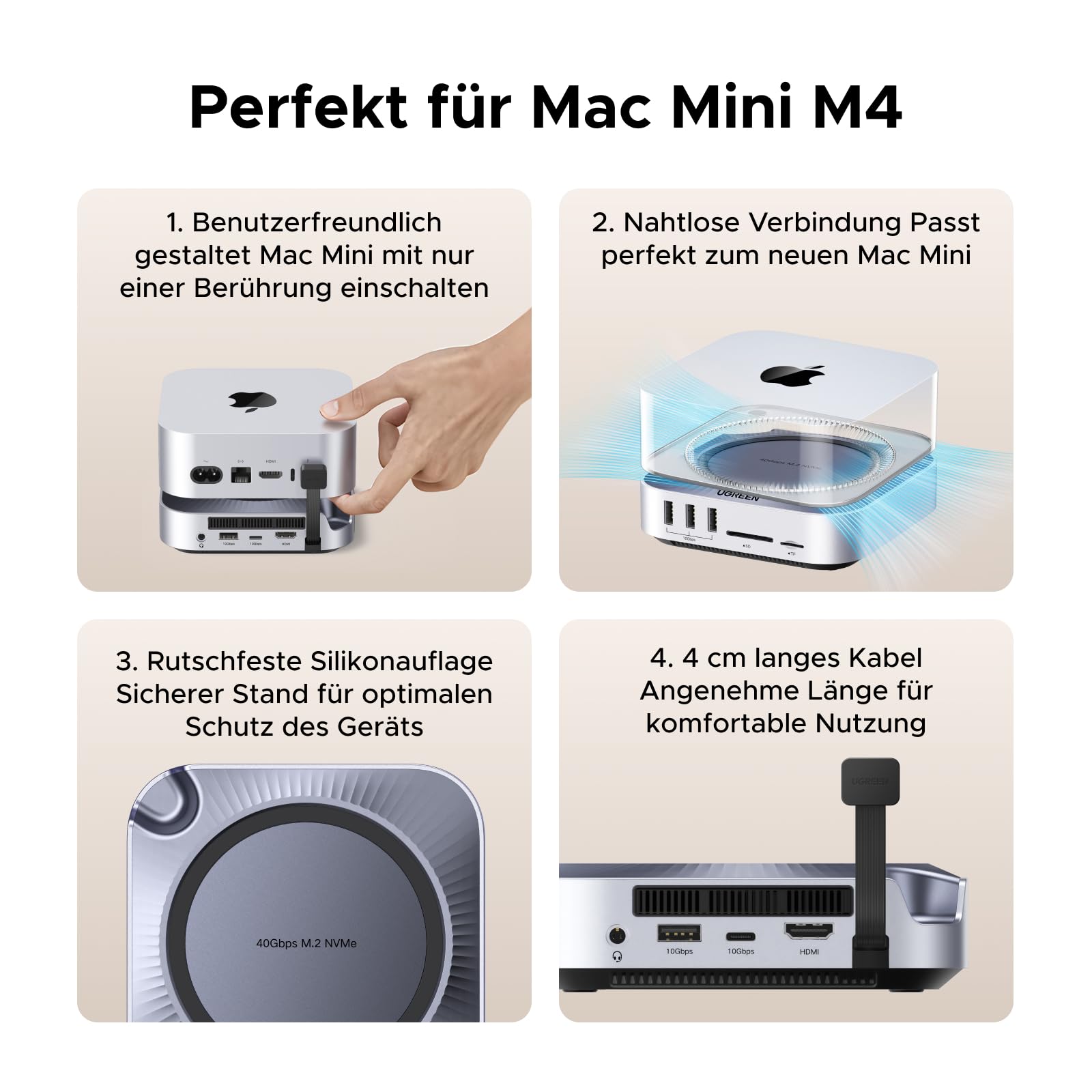 UGREEN Mac mini M4 Dock 40Gbps M.2 NVMe SSD Gehäuse, 5X 10Gbps USB-Anschlüsse, Docking Station mit HDMI(8K@30Hz max.) für Dual Display, SD/TF 4.0 & 3,5mm Aux – Kompatibel mit Mac mini M4/ M4 Pro 9