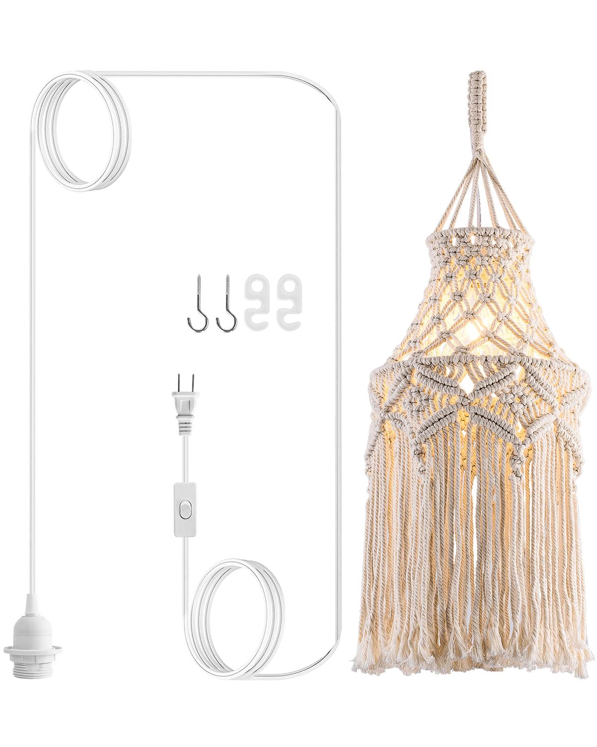Photo 1 of FLSFU Boho Plug in Pendant Light Macrame Lamp Shade, Hanging Lamp with Plug in Cord,On/Off Switch,Bohemian Hanging Light Fixtures That Plug Into Wall Outlet for Bedroom Decor Living Room