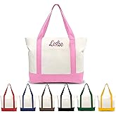 Ulico Personalized Canvas Tote Bag,Custom Blank Tote Bag for Women with Embroidered Name, Reusable Grocery Shopping Bag, Top Zipper Closure, Daily Essentials