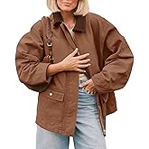 Tankaneo Womens Oversized Barn Jacket Zip Up Military Safari Jackets Fall Color Block Vintage Trench Coat with Pockets