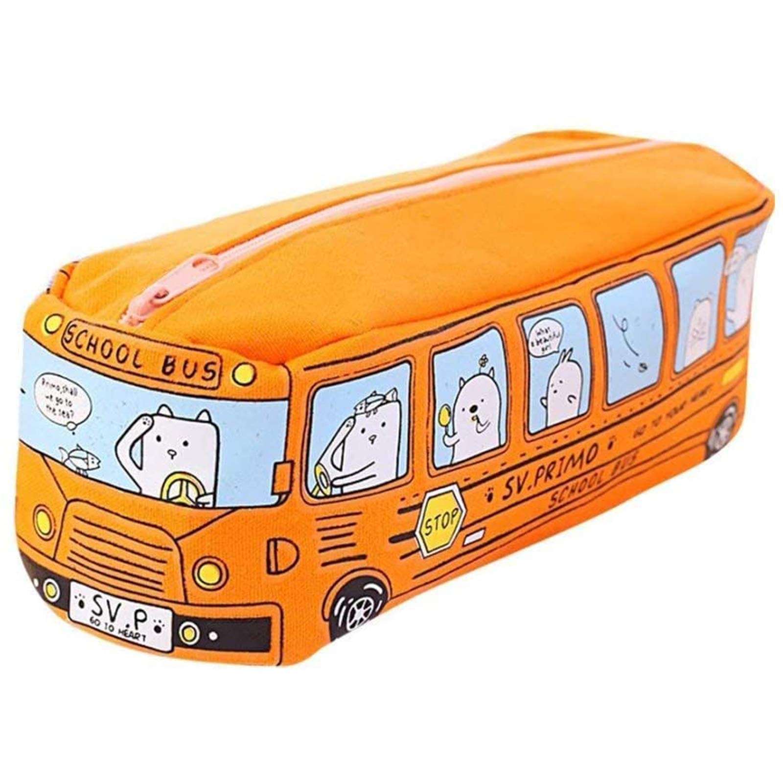 Bus Pencil Case Creative Lovely Bus Student Small Animal Bus Canvas Office Stationery Case Make Up Pen and Brush Bag Orange