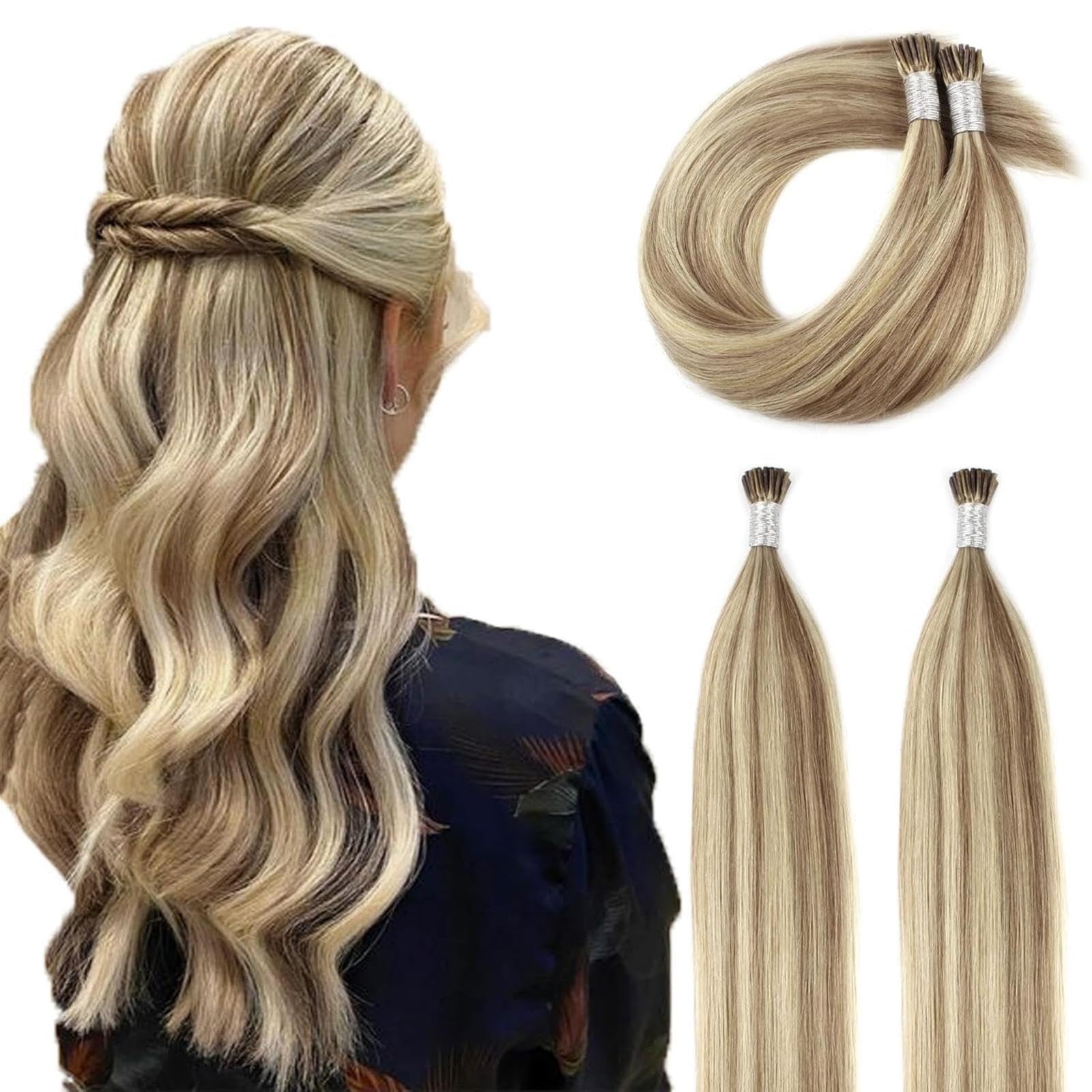 ABH AMAZINGBEAUTY HAIR I-tip Real Human Hair Extensions 20 Inch Fusion Extensions Color #8A Light Brown Mixed With #60 Ash Blonde for Short Hair Silky Straight 50Strands 50G โ image 1