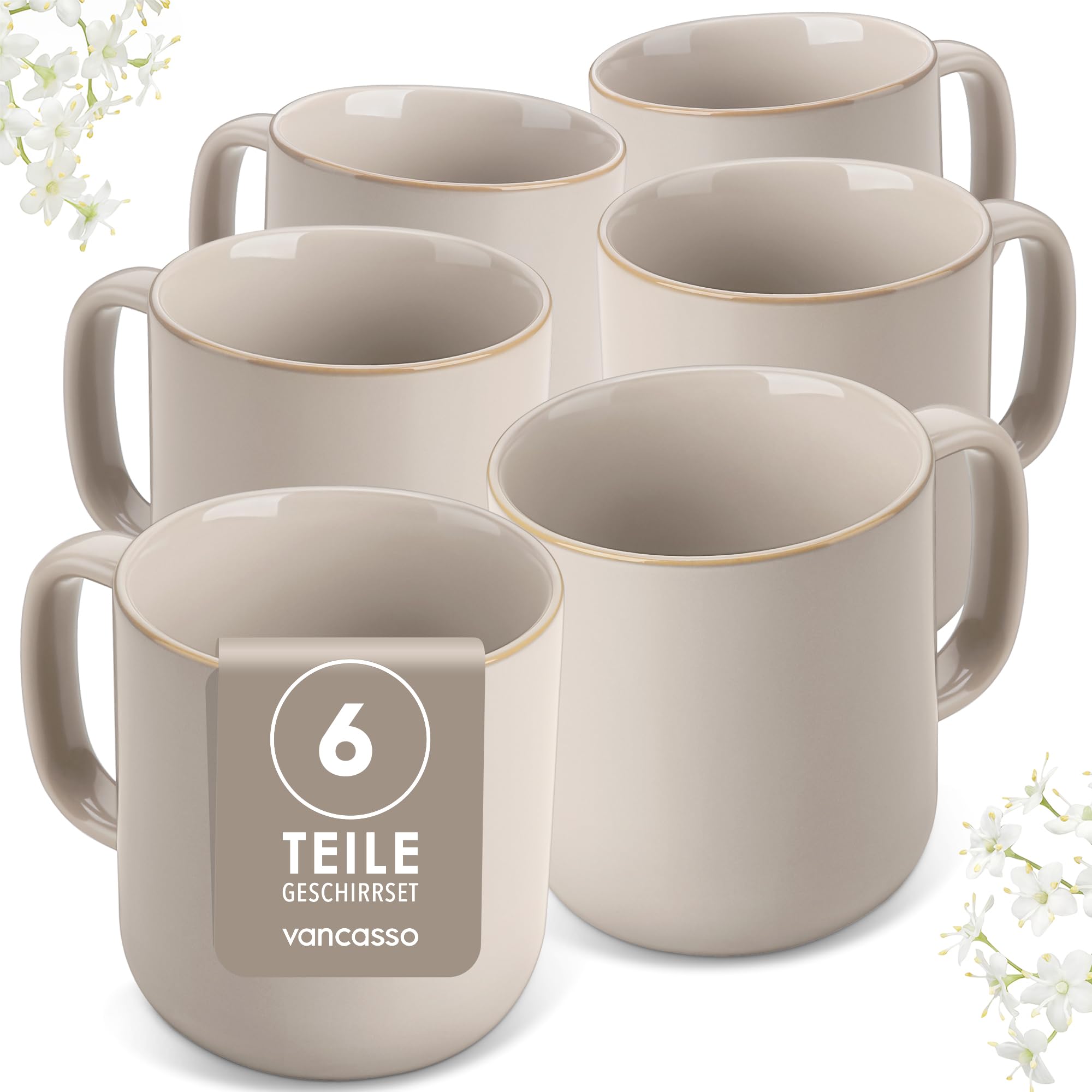 Kaffeetassen Set 6er, vancasso PLAYA Tassen Set 6 Stück mit Henkel 480ml, Teetassen aus Steingut, Mikrowellen und Spülmaschinenfest, Soft Beige