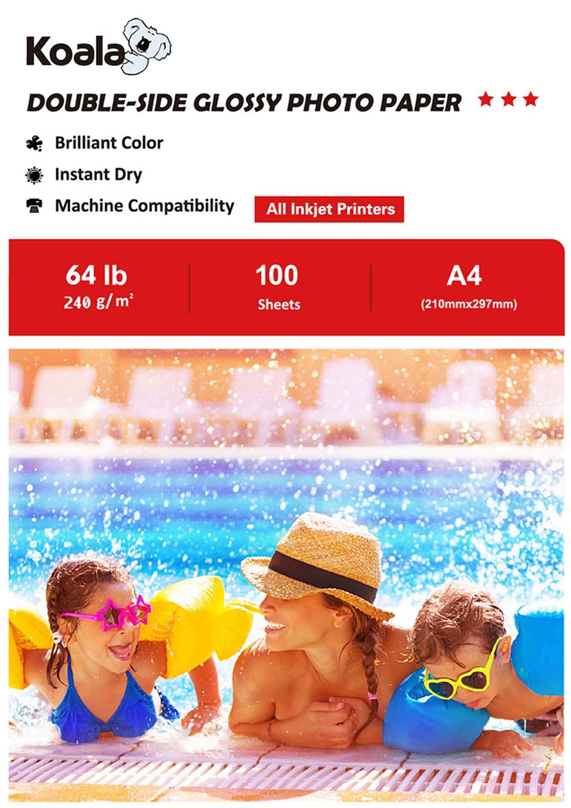 KOALA Double Sided Glossy Inkjet Photo Paper A4, 240gsm, 100 Sheets for Inkjet Printers. Suitable for printing Photos, Brochures, Covers, Certificates, Booklets, Flyers, Leaflets, Cards, Calendars