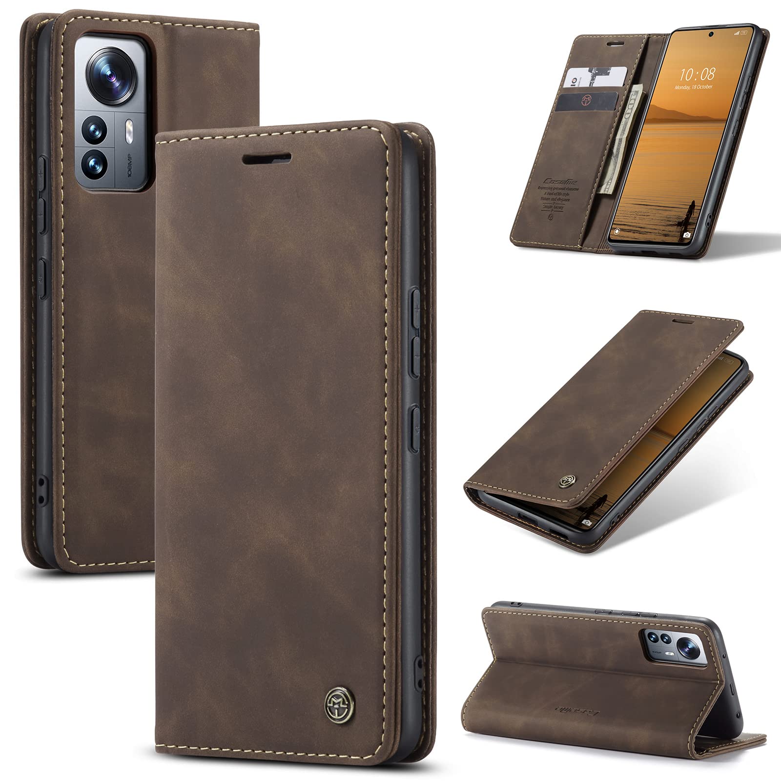 UFinetech Case for Xiaomi 12 Lite, Leather TPU Cover for Xiaomi 12 Lite 5G/ 4G, Flip Magnetic Closure Kickstand Card Holder Wallet Slim Soft Shockproof Anti-scratch Camera Protector Shell 2022, Coffee