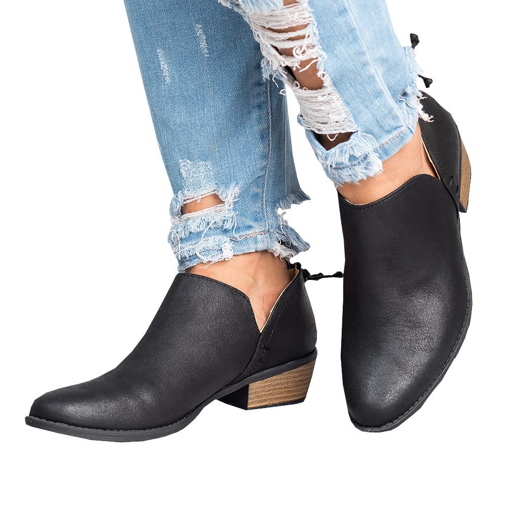 Poplover Womens Western Cowboy Ankle Booties Pointed Toe Zip up Low Heel Shoes Black 4.5 UK