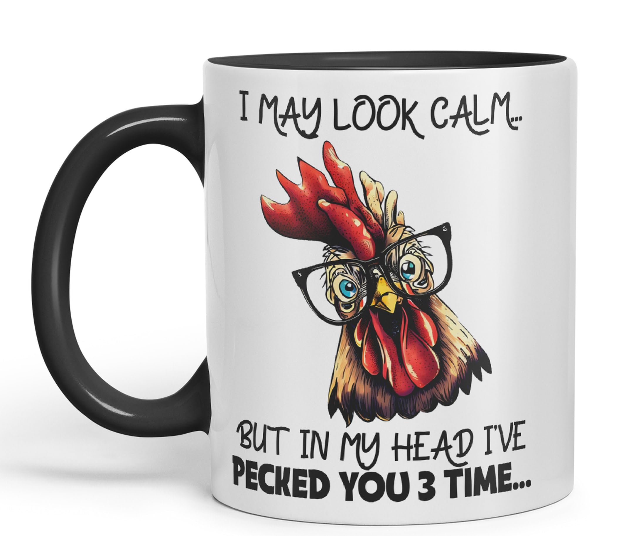 Vixar I May Look Calm.. Chickens Sarcastic Joke Ceramic Coloured Mug Cup for Tea Coffee Hot Brew 330ml 11oz (Black)