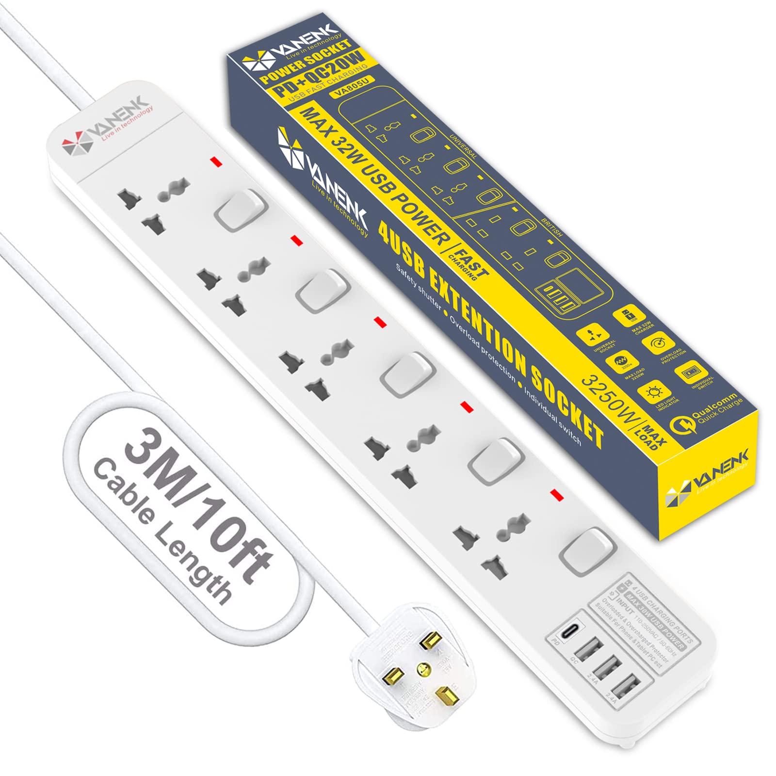 VANENIK Universal Extension Lead with USB C Slot 3M - 5 Gang Way Extension Cord with Surge Protector Extension Socket Outlets 3 Meter with 4 USB Fast Charger MAX 32W QC3.0+PD 3.0 Fast Charging (White)