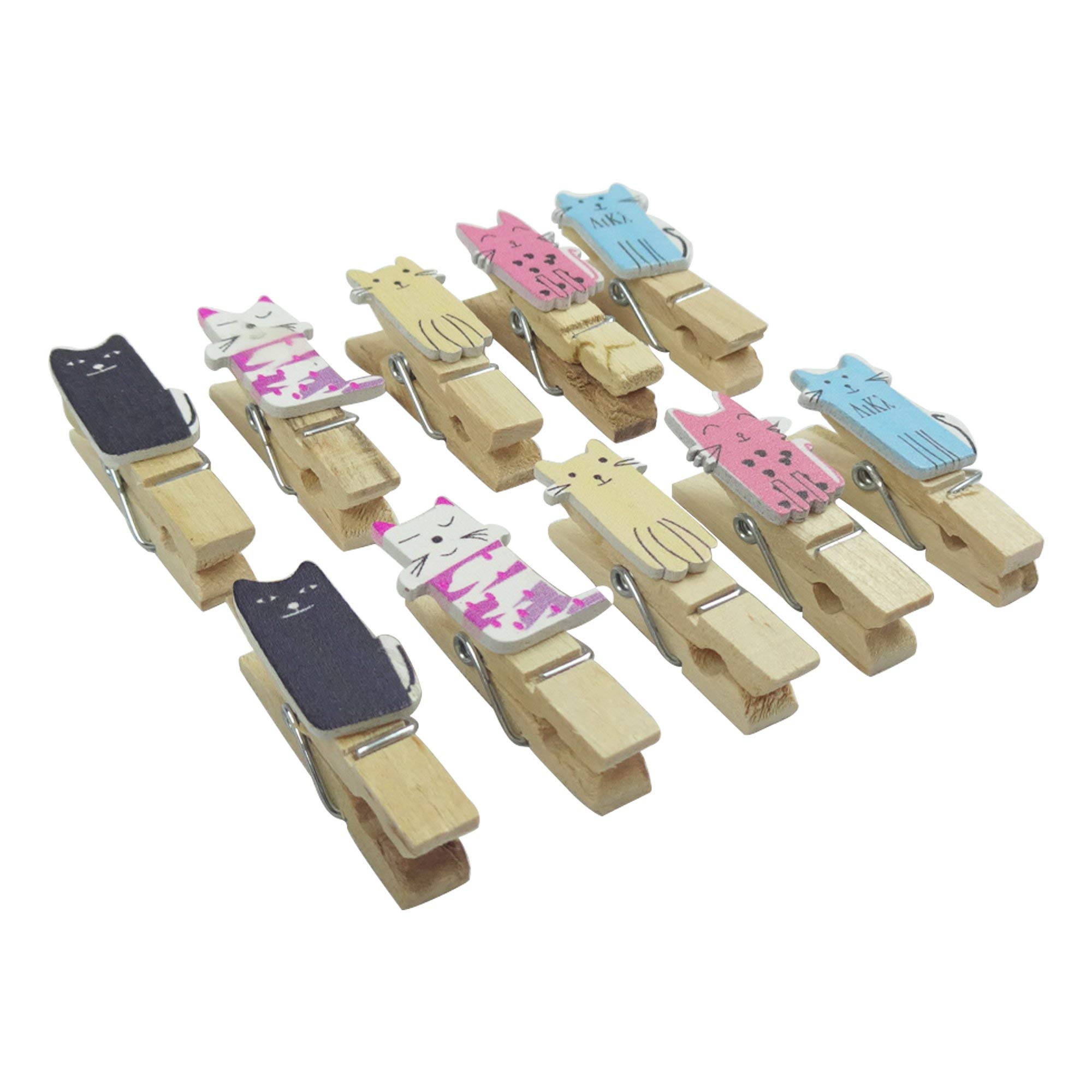 Emartbuy Pack of 3 (30 Clips) Small Colourful Postcard Photo Paper Memo Notes Wooden Clips/Pegs with 1.5 String - Cats