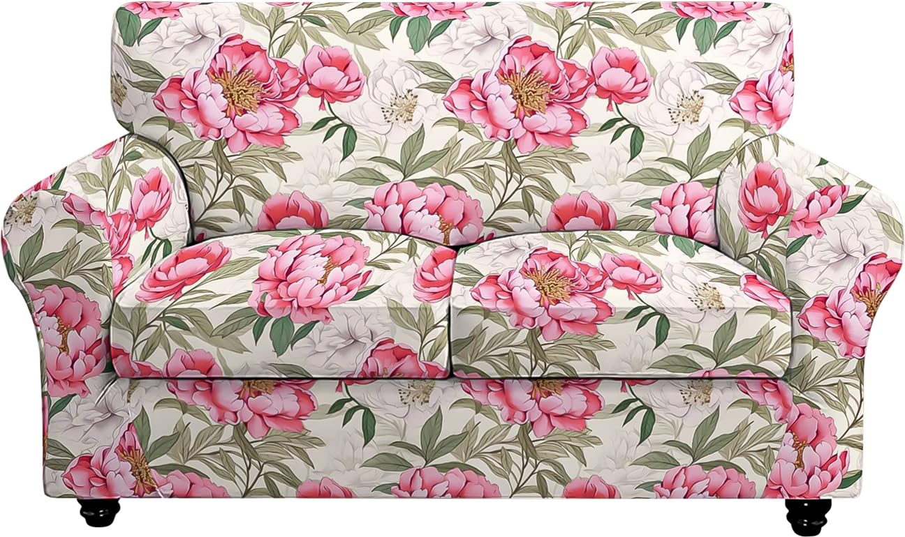 Photo 1 of FUANGUI 3 Piece Stretch Sofa Couch Covers for 2 Cushion, Printed Sofa Loveseat Slipcover with 2 Separate Cushion Cover, Floral Washable Sofa Slip Covers Furniture Protector (Loveseat, Peony Flower)