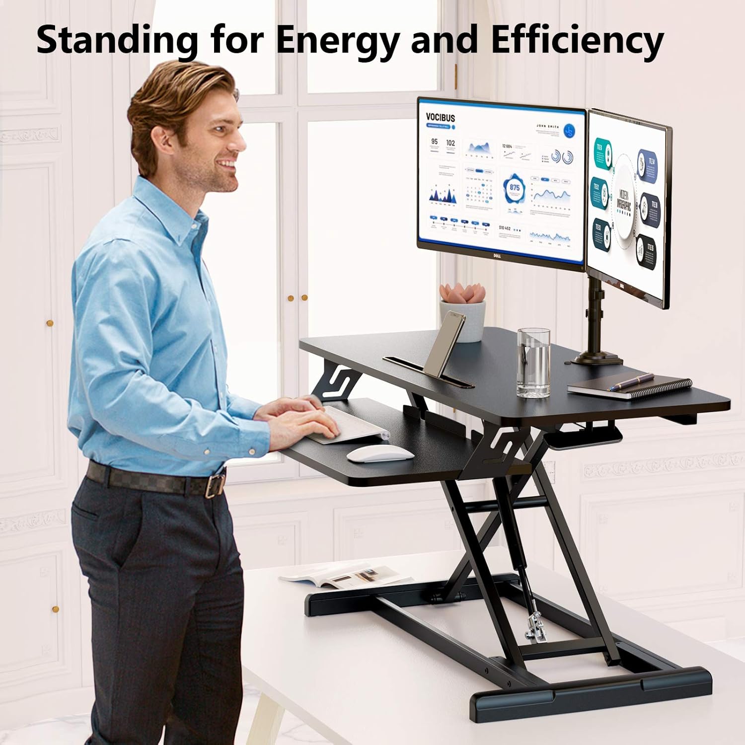 ErGear Standing Up Desk Converter Height Adjustable Sit Stand Desk with Removable Keyboard Tray, 35 Inch Large Desk Riser Ergonomic Gas Spring Dual Monitor Workstation for Home Office : Office Products