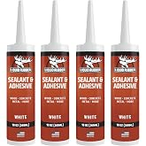 Liquid Rubber Waterproof Sealant &amp; Adhesive Caulk, White, 10.2 oz, 4 Pack | Paintable in 24 Hrs and Cures on Damp Surfaces for Windows, Concrete, Doors, Foundations, Wood, Concrete, Brick &amp; Metal