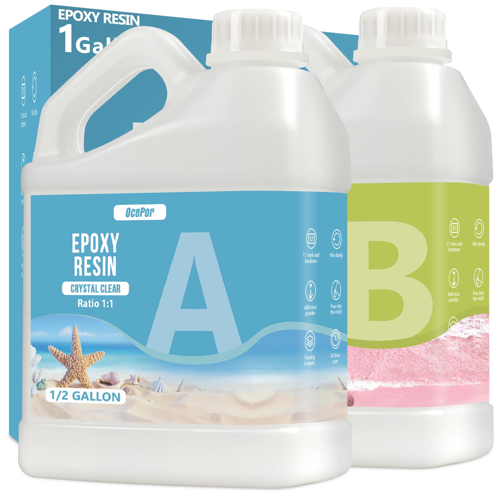 OcePor Epoxy Resin-1 Gallon, Crystal Clear Epoxy Resin Kit, No Yellowing No Bubble Art Resins Casting Resin for Art Crafts, Jewelry Making, Wood & Resin Molds(0.5 Gallon x 2)