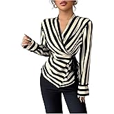 SweatyRocks Women's Long Sleeve Wrap V Neck Striped Blouse Tops Ruched Elegant Work Shirts