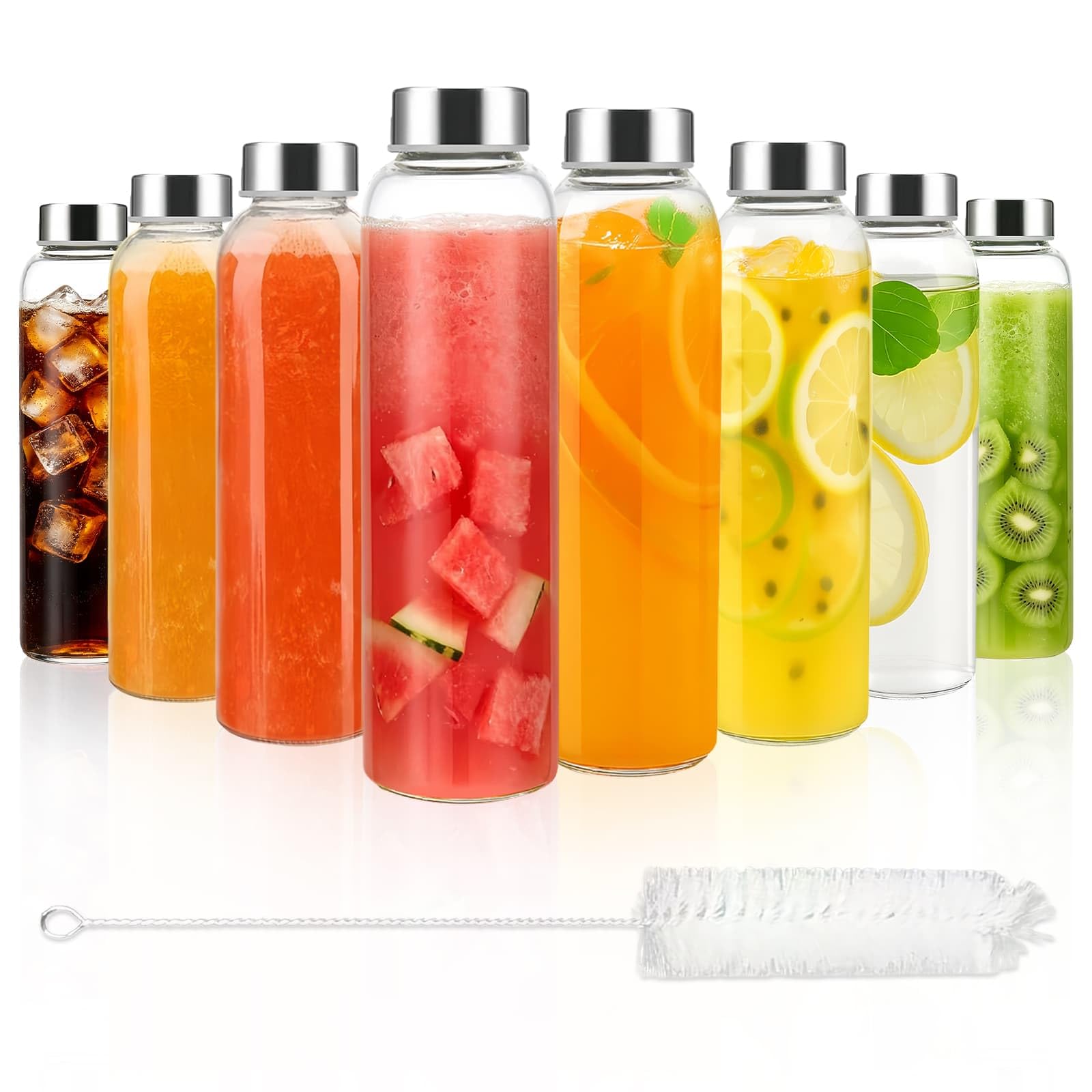Eidoct 8pcs Glass Water Bottles with Lids, 500ml Glass Juice Bottles, Reusable Drinking Bottle Leakproof, Clear Glass Bottles for Juicing,Sauce Jar, Hot & Cold Drinks, Milk,with Cleaning Brush