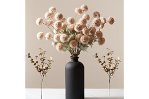 RYDDELIGHOME Beige Fake Flowers Silk 10 Stems With Eucalyptus, Faux Flowers For Vase, Artificial Mums Long Stem, Mini Faux Mums Flower Bulk, Tan Nude Cream Neutral Floral, Chrysanthemum Pom Pom Floral Arrangements