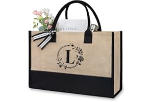 TOPDesign Personalized Initial Jute/Canvas Beach Bag, Monogrammed Gift Tote Bag for Women