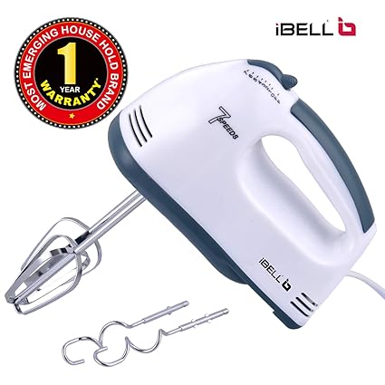iBELL Hand Mixer Beater Blender Electric Cream Maker for Cakes with Base 7 Speed Control and 2 Stainless Steel Beaters, 2 Dough Hooks (White)