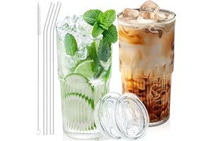 Luiaiog 18.5oz Glass Cups with Lids and Straws - Set of 2 Reusable Tumblers, Thickened Shatter-Resistant Glass, Ideal for Ice