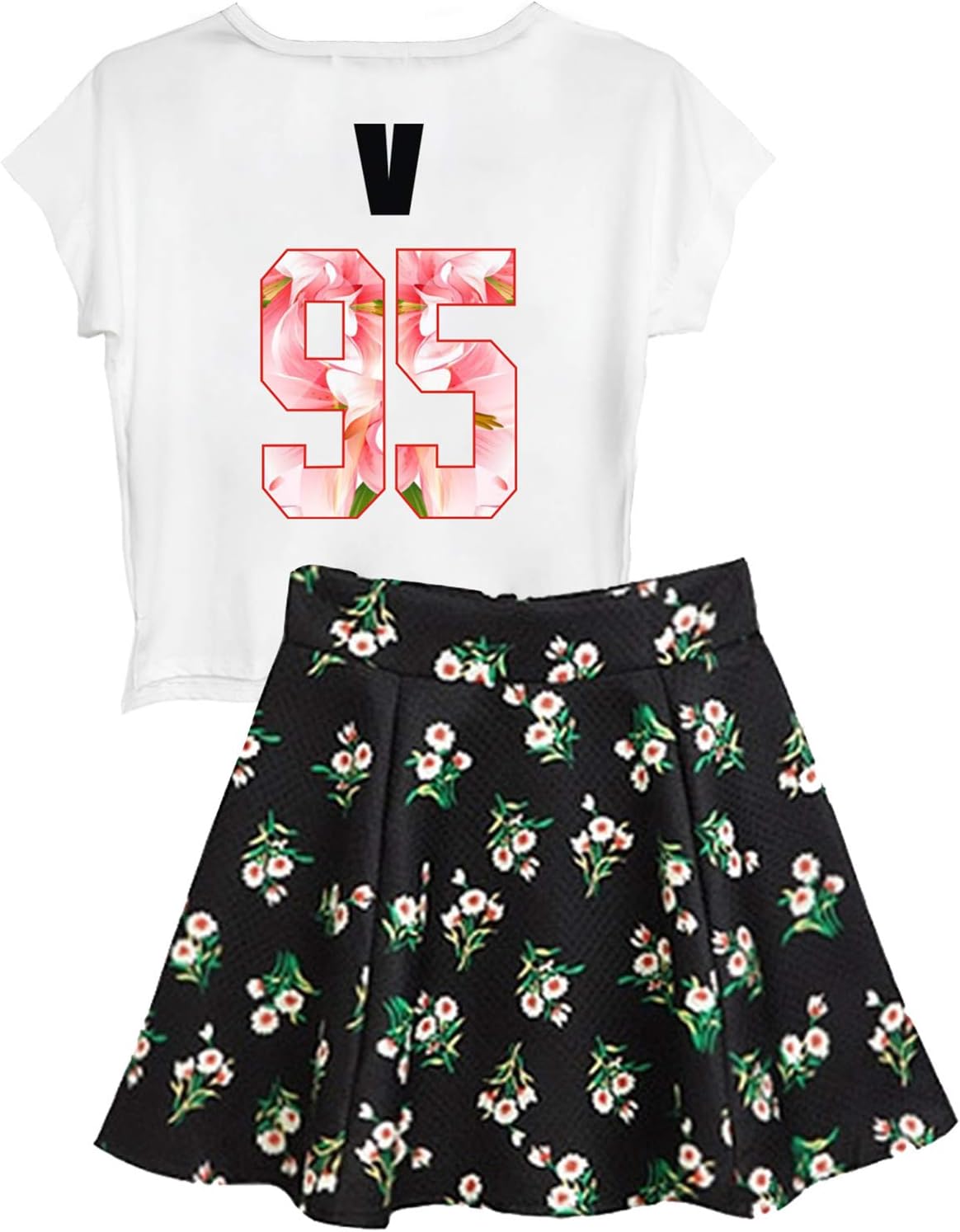 Kpop JUNG KOOK SUGA Jimin V JIN J-Hope T-Shirt + Floral Skirt Two Piece Suit