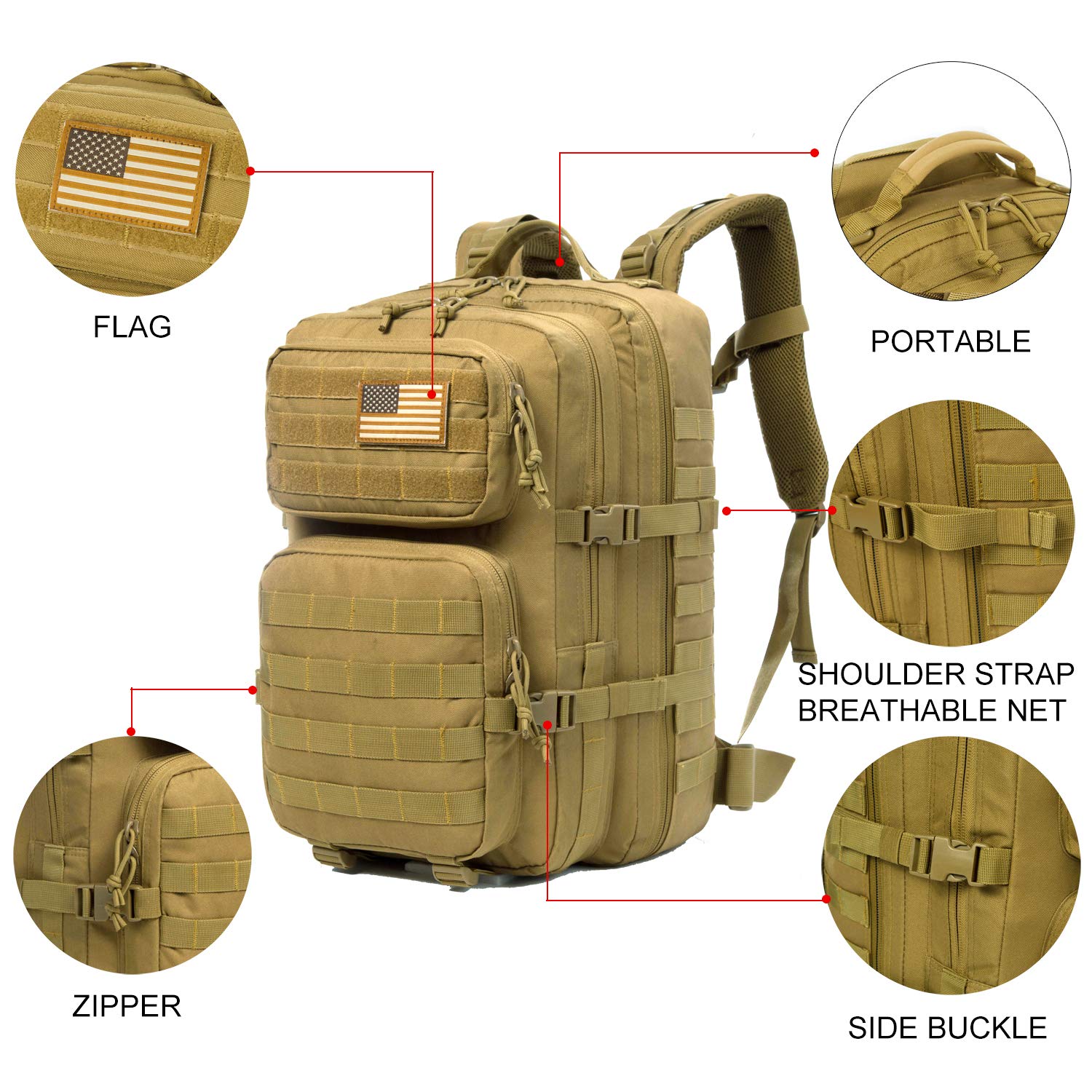 J.CARP Military Tactical Backpack Large 3 Day Assault Pack Army Molle Bug Out Bag, Brown