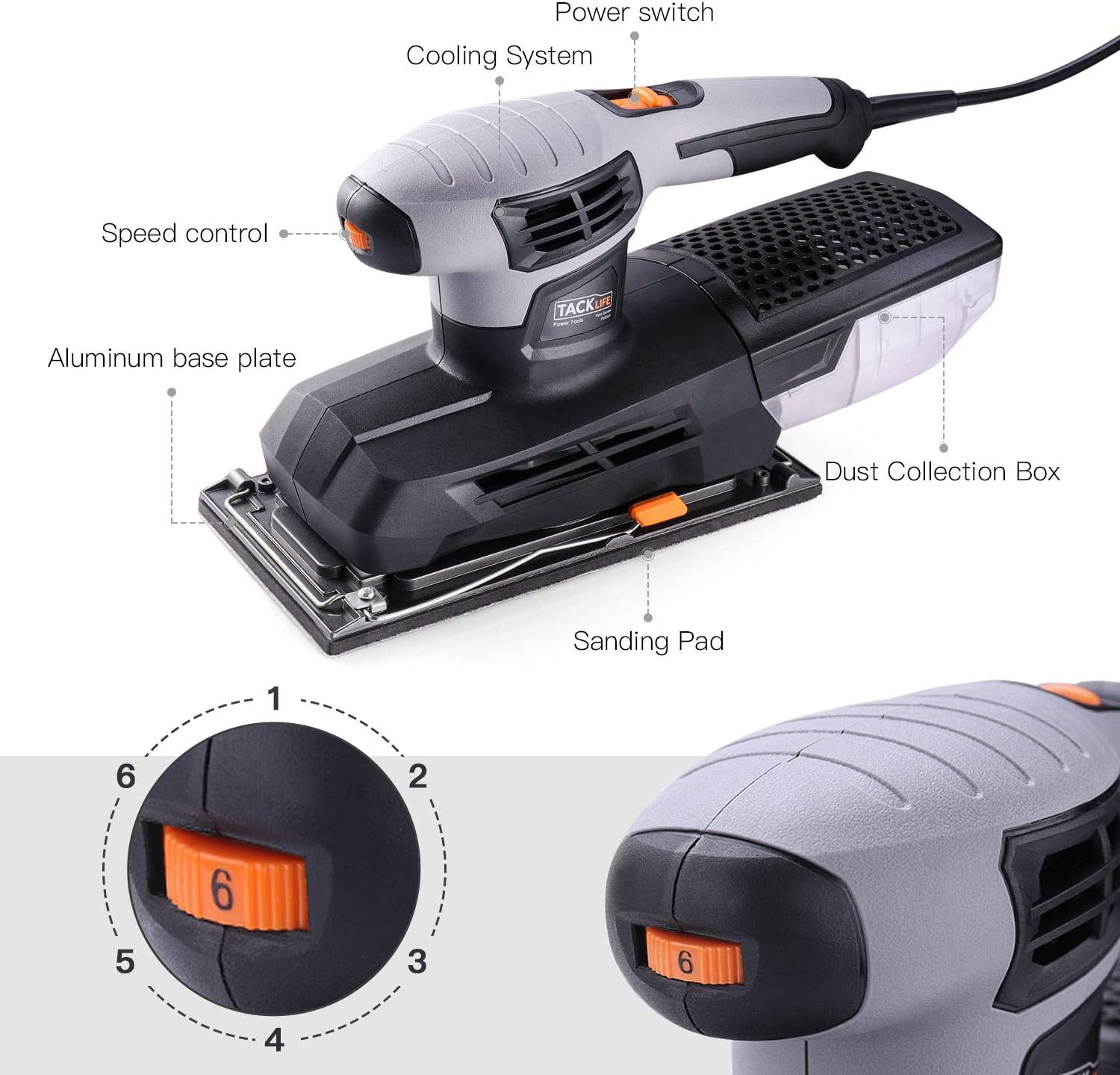 TACKLIFE 1/2 Sheet Sander, Sander for Woodworking with 115x230mm Sanding Base, 6 Adjustable Speeds, 12, 000 Opm, Accessories with 10Pcs Sanding Sheets and Hook and Loop Pad, Quick Locking System PSS02A - - 