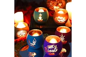 SHMILMH Diwali Candle Holders 6 PCS Happy Diwali Decorations for Home, Colorful Glass Tealight Candle Holder for Diwali Party, Table Centerpiece Décor