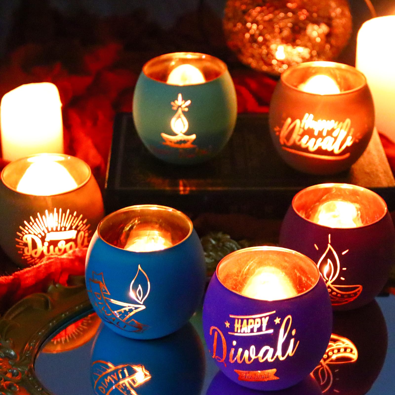 Photo 1 of SHMILMH Diwali Gifts 6 PCS Happy Diwali Decorations for Home, Colorful Glass Tealight Votive Candle Holder for Party, Table Centerpiece Deco