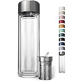 EVER VESSEL Glass Multi Tea Infuser Bottle 14oz - Double Wall Borosilicate Glass Flask | No Plastic Touches Contents | Perfect for Office or Home - Stainless