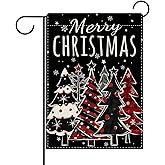 Dyrenson Merry Christmas Tree Decorative Garden Flag, Black Xmas Snowflake Yard Outside Home Decoration, Winter Holiday Burlap Outdoor Small Decor Double Sided 12 x 18