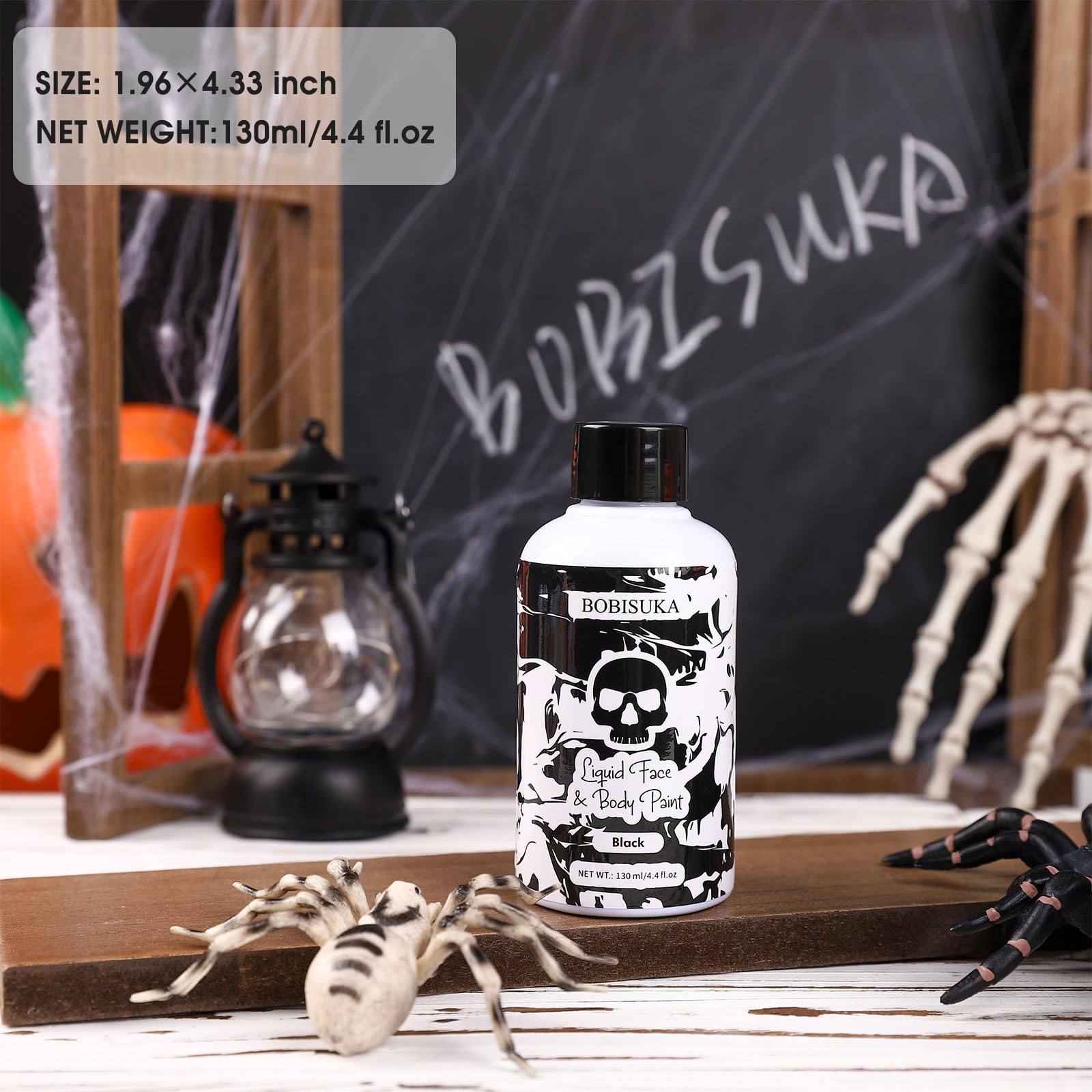 BOBISUKA Black Face Body Paint Liquid Texture Washable Non Toxic Facepaint Fast Drying Foundation Makeup for Halloween Clown Skeleton Skull Cosplay SFX Costume Party Large Capacity(130ml)