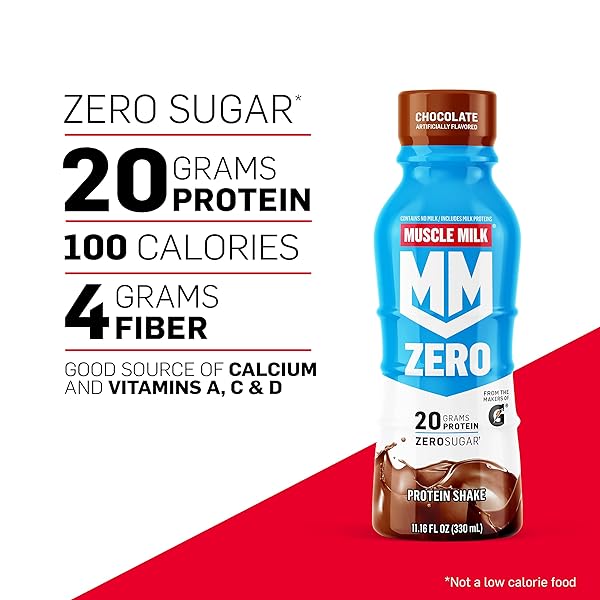 MUSCLE MILK ZERO PROTEIN SHAKE, VANILLA CRÈME, 20G PROTEIN, ZERO SUGAR, 100 CALORIES, CALCIUM, VITAMINS A, C & D, 4G FIBER, ENERGIZING SNACK, WORKOUT RECOVERY, PACKAGING MAY VARY 11.16 FL OZ (PACK OF 12)