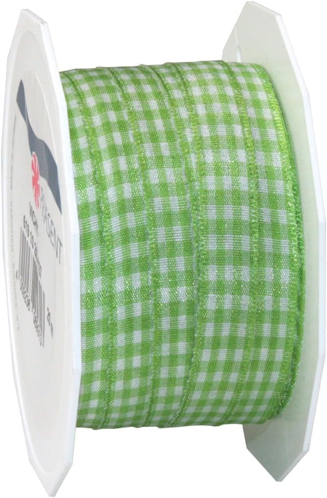 PRÄSENT - Vichy Wired Ribbon Lime Green-White 10 mm width, 20 m length, Mint Green - White, 10mm - 20m