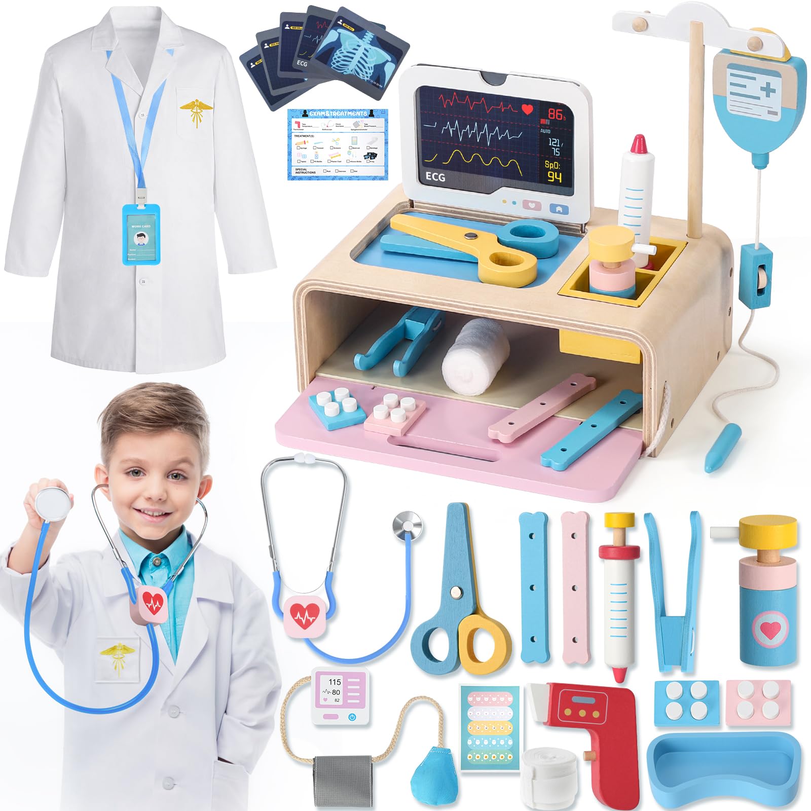 Photo 1 of Atoylink Wooden Doctor Kit for Toddlers Kids 3-5, 23PCS Pretend Play Medical Toys with Doctor Costume, Doctor Pretend Play Toys, Birthday Toys for Toddlers Kids Girls Boys 3-5-7