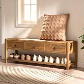 Wnutrees 45.2" Reclaimed Solid Wood Entryway Bench with 3 Drawers &amp; Shelf | Rustic Farmhouse Long Hallway Seat with Slatted Storage, Indoor Bed End Unit for Living Room, Natural