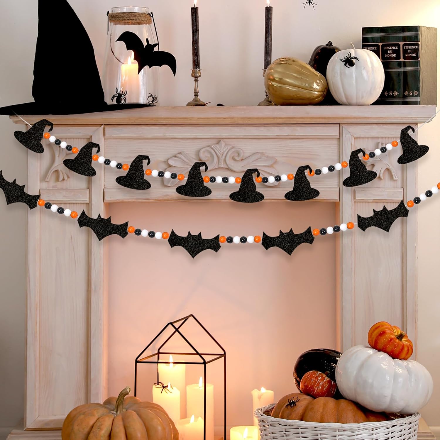 Wreaths, Garlands & Swags - 2 PCS Halloween Felt Bats Witch and Wood Beads Garland Halloween Mantle Garland Banner Decor Halloween Decorations Indoor Outdoor Haunted House Decoration