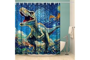 Artmyharbor T-Rex Dinosaur Shower Curtain Starry Night Animal Bathroom Decor Blue and Yellow with 12 Hooks 72x72 Inches
