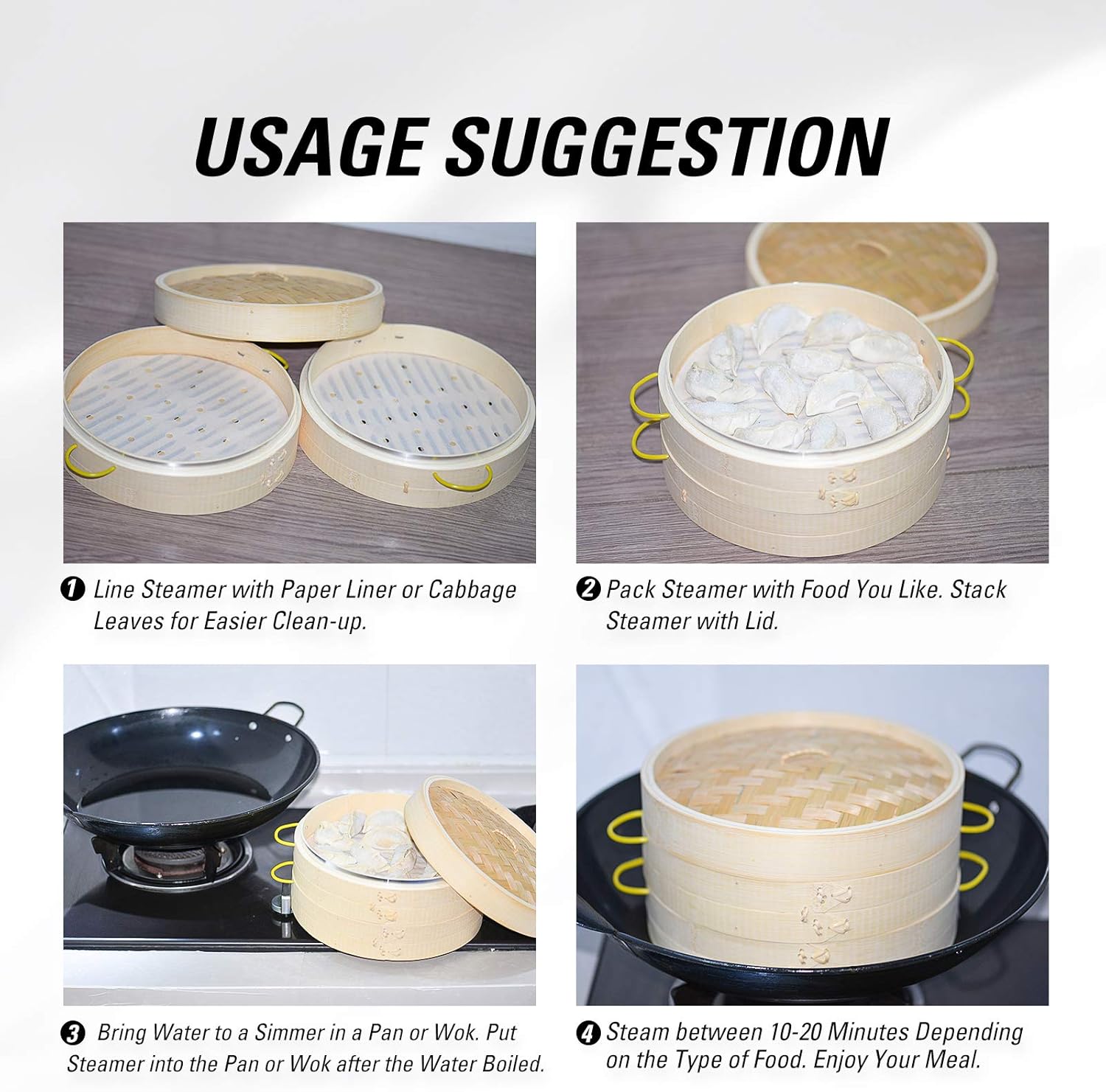 Bamboo Steamer, MacaRio 10 Inch Handmade Baskets with Side Handles & Banding, 4 Sets Chopsticks 2 Ceramic Sauce Dishes 50 Paper Liners, Healthy Cooking for Dim Sum Dumplings, Buns, Seafoods: Kitchen & Dining