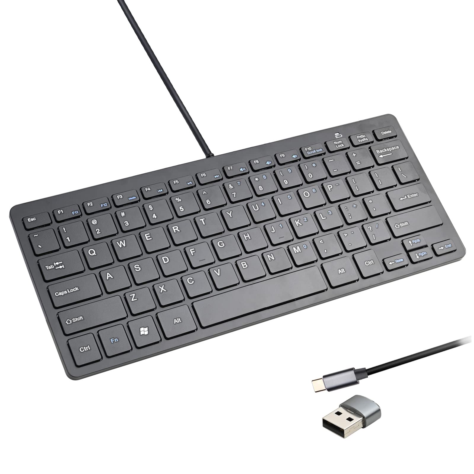 Powboro USB C Mini Keyboard Compact Small Slim Wired Keyboard USB-C Connection,Ultra Thin Design 78 Scissor Keys for Andriod, Computer, Laptop, PC,Desktop (Black)