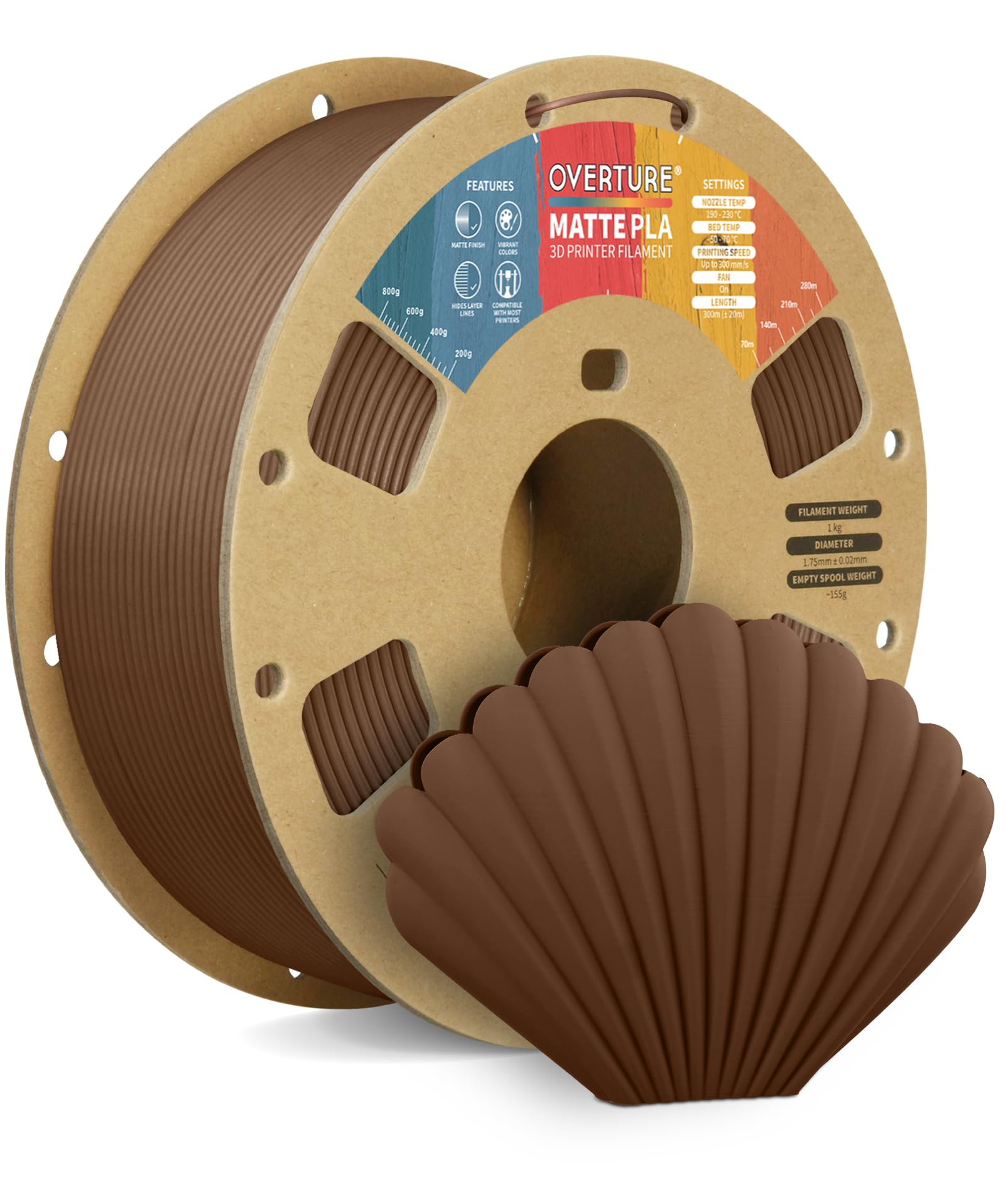 OVERTURE Matte PLA Filament 1.75mm, Easy to Print, PLA Matte 3D Printer Filament 1kg (2.2lbs), Cardboard Spool, Accuracy ± 0.02mm (Matte Chocolate)