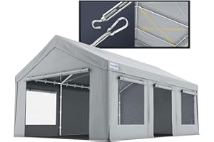 Quictent Heavy Duty 12x20 ft Carports with Side Zipper Doors & Snowproof Steel Cables & Ventilated Windows, Waterproof Storage Shelter for Car, Boat, RV, Outdoor Equipment, Gray