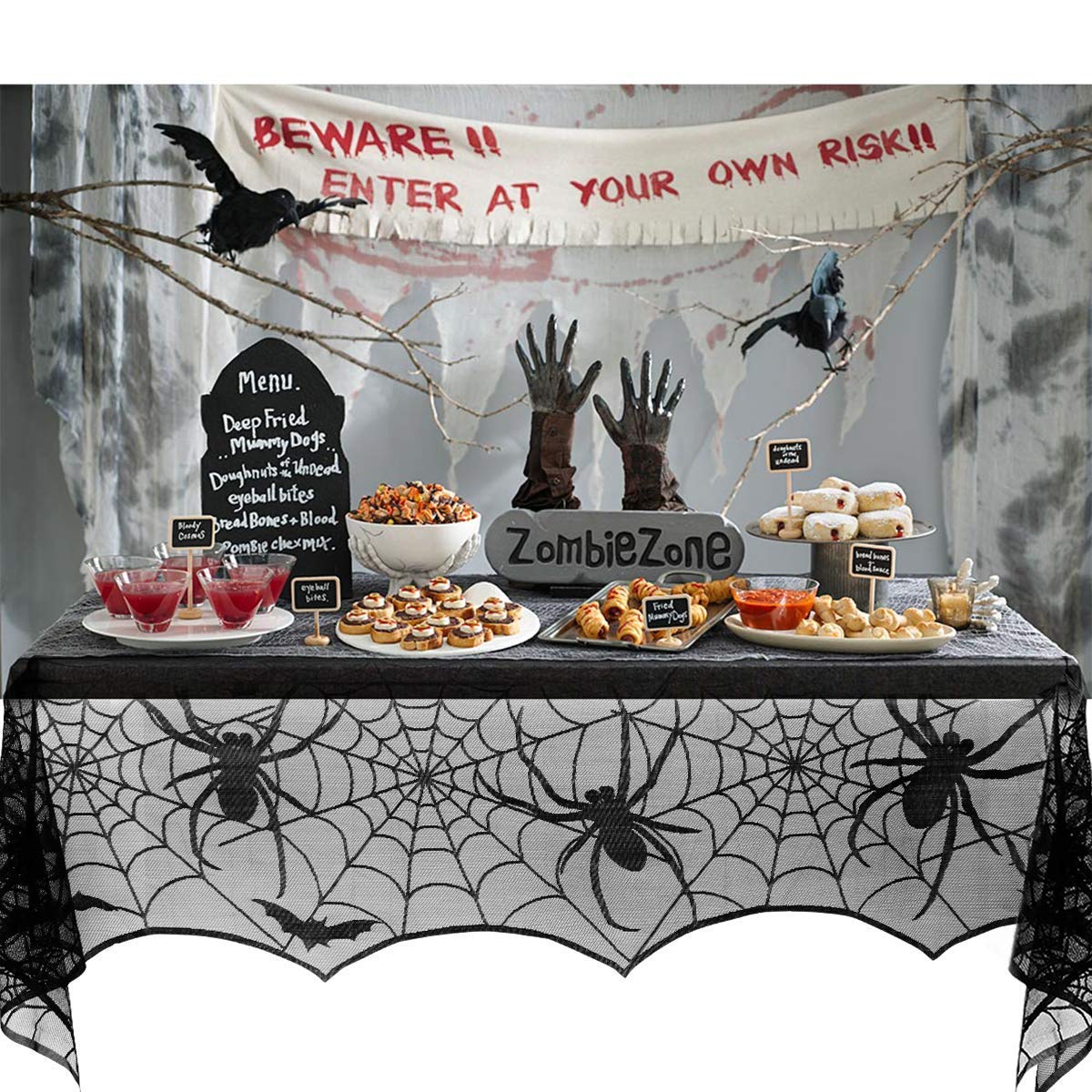 Halloween Fireplace Dcoration, JTS Halloween Mantle Scarf with Spiderweb Shape, Halloween Fireplace Cover with Black Lace for Halloween Mantle Decorations