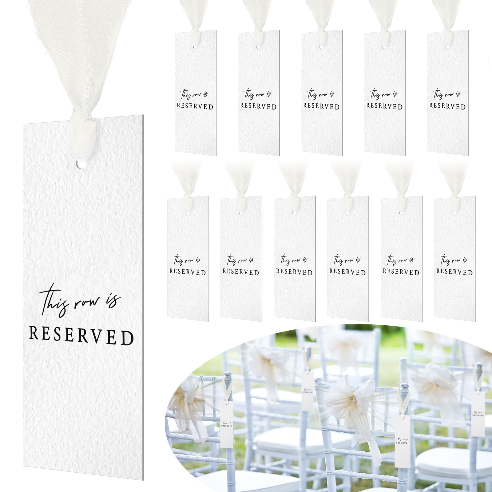 Photo 1 of Clabby 12 Pack Reserved Chairs Hanging Signs with Ribbon for Wedding Reception Party Restaurant This Row Is Reserved Signs for Wedding Church Events Pews Chair(Light Nude)