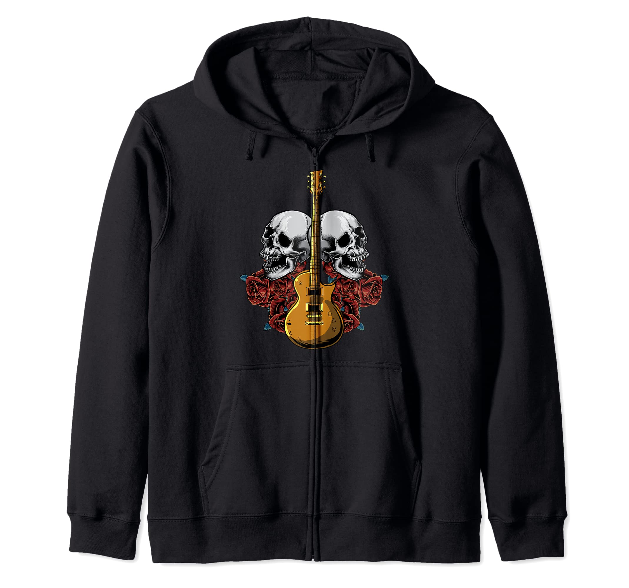 Electric Guitar Skull Red Roses - E-Guitar Rock Guitarist Zip Hoodie