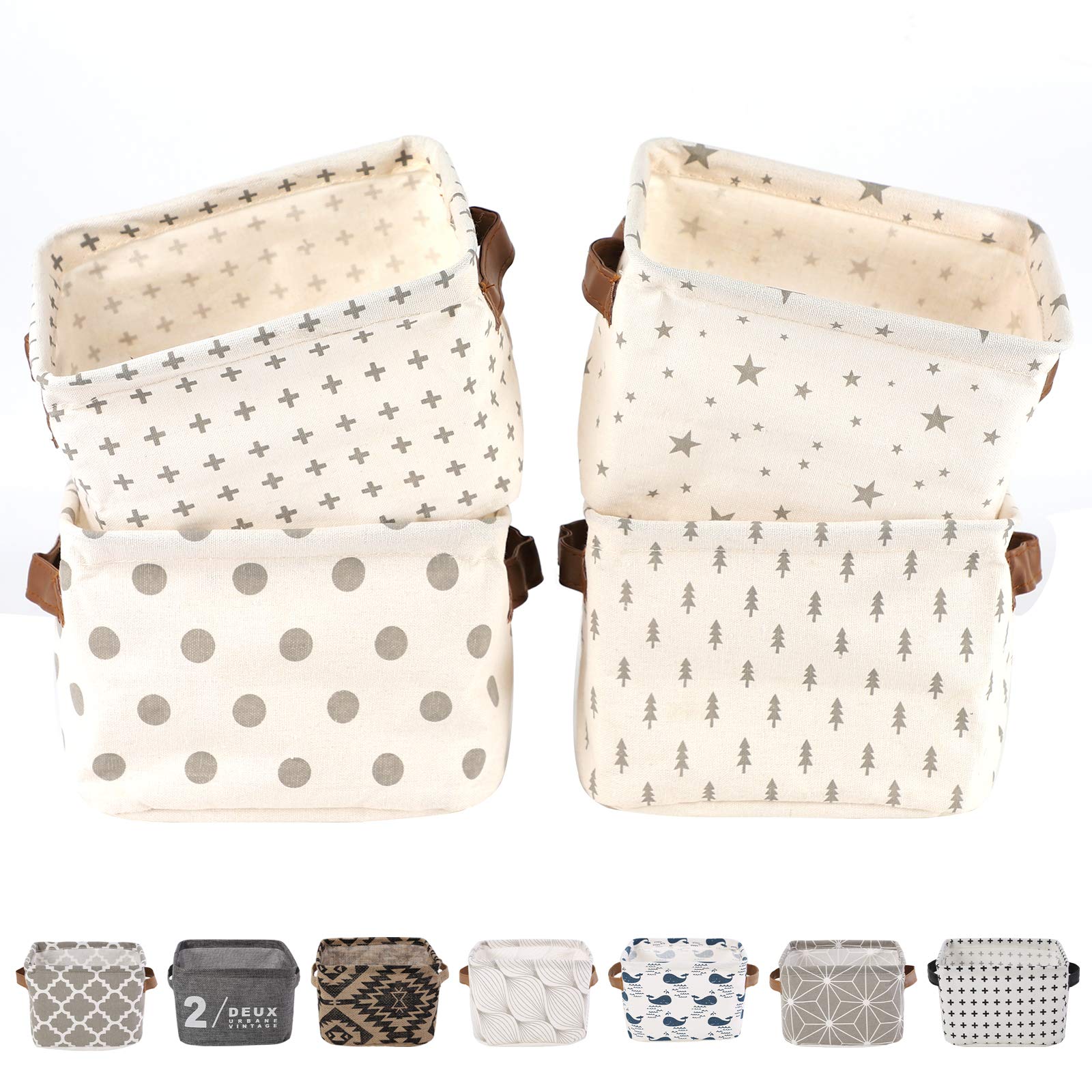 LessMo 4 Pack Storage Baskets, Collapsible Mini Storage Boxes, Canvas Fabric Waterproof Storage Bins made from Cotton and Linen, for Toys, Bathroom, Closets, Playroom (GREY-SPOT, Thin/waterproof)