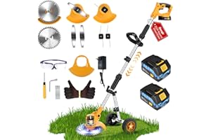 DENQIR Electric Weed Wacker, Cordless Weed Eater Battery Powered 21V 2000mAh, 4-in-1 Grass Trimmer/Brush Cutter/Mini-Lawn Mower/Wheel Edger, Wheel Weed Trimmer, 5 Blade,2 Battery,1 Charger(Yellow)
