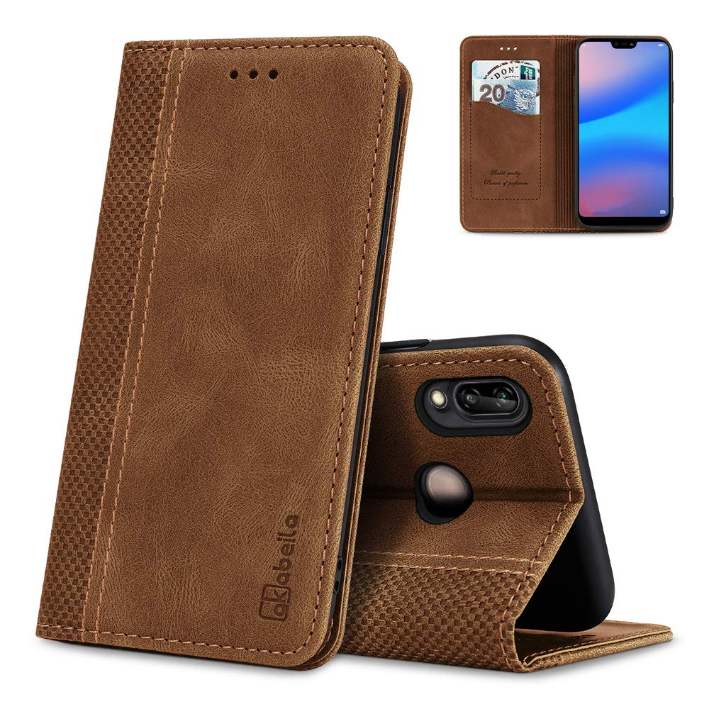 AKABEILA Case for Huawei P20 Lite 2018 Premium PU Leather Flip Wallet Case with Magnetic Closure Kickstand Card Slots Folio Phone Case Cover Shockproof Light Brown