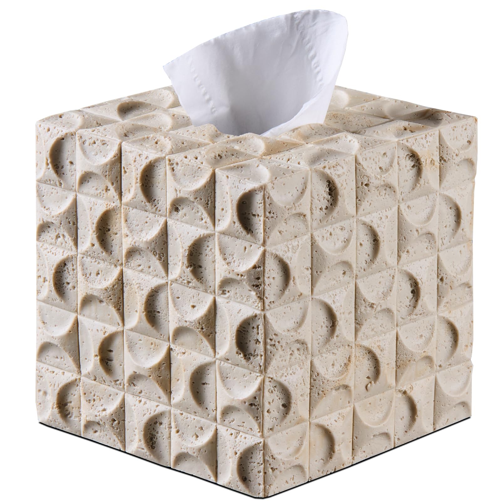 Photo 1 of Natural Travertine Textures Tissue Box Cover Square for Home Decor, Relief Sculptured Geometric Cube Resin Heavy Tissue Box Holder for Bathroom Countertop, Tabletop, Night Stand, Office Desk (Beige)
