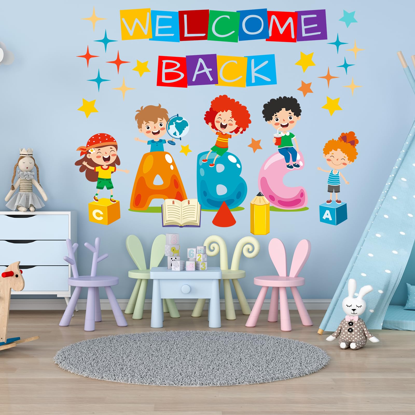 Back to School Decorations, Colorful Peel and Stick Kids Wall Decals,DIY First Day of School Wall Stickers for Playroom Preschool Nursery Daycare Classroom Decor (Letter) (ABC)