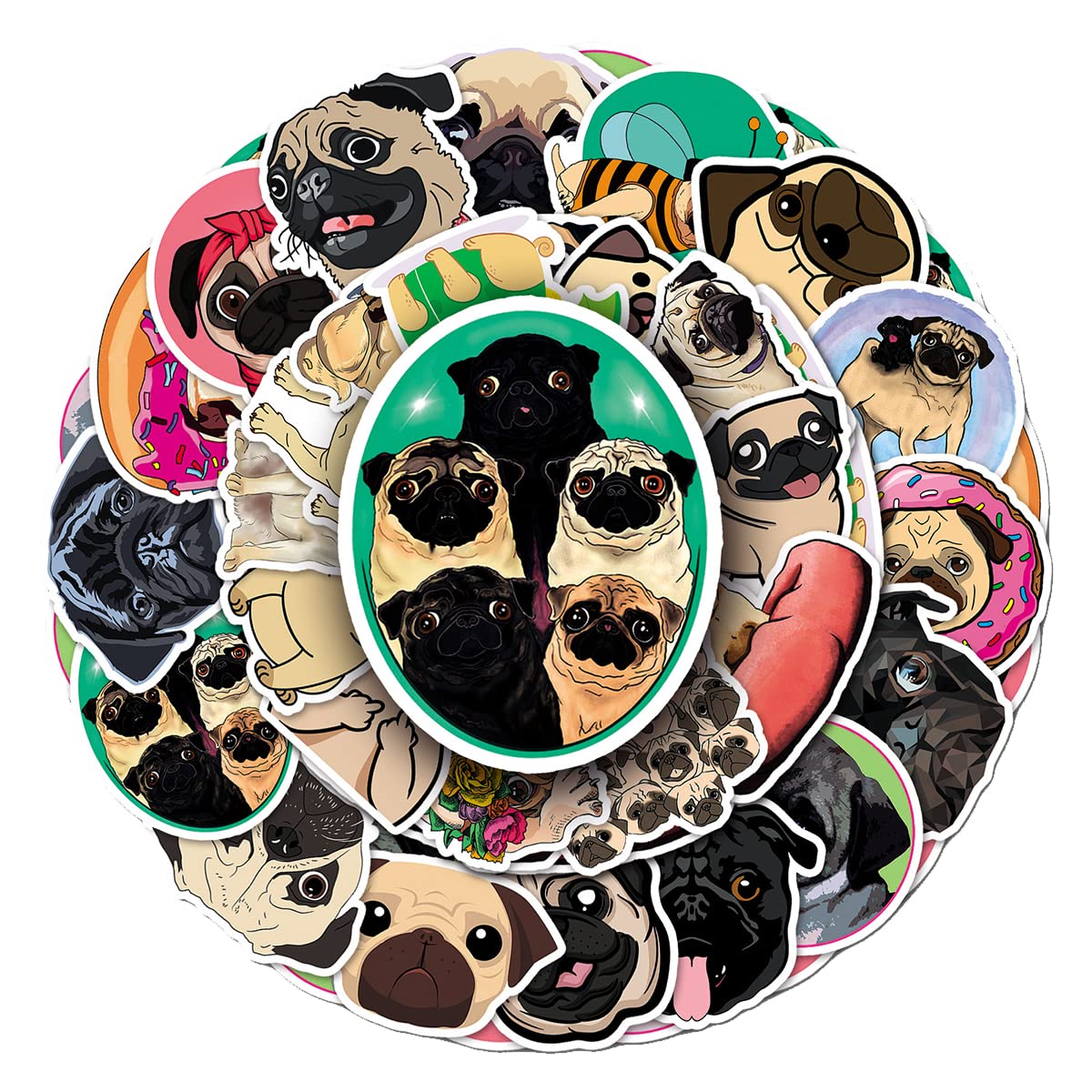 Cartoon Pug Dog Vinyl Stickers, 50 PCS Waterproof Illustrated Animal Decals for Laptops, Scrapbooking, Journals, Notebooks, Water Bottles, Suitcases, Phones & DIY Decor